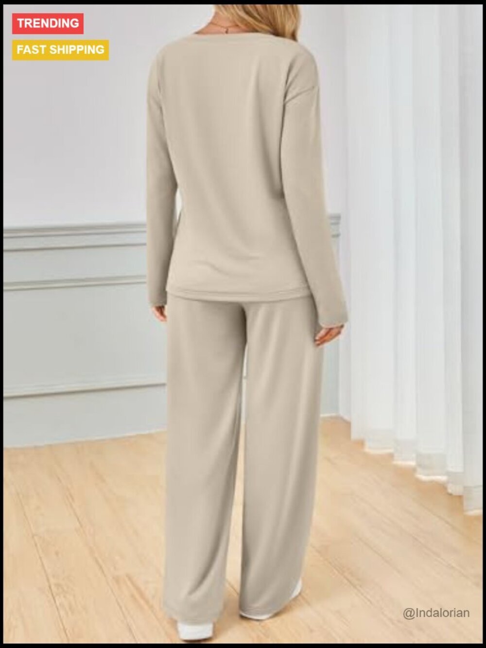 Long Sleeve V-Neck Tracksuit Set with Wide Leg Pants, 60% Polyester 35% Rayon - Picture 4 of 6